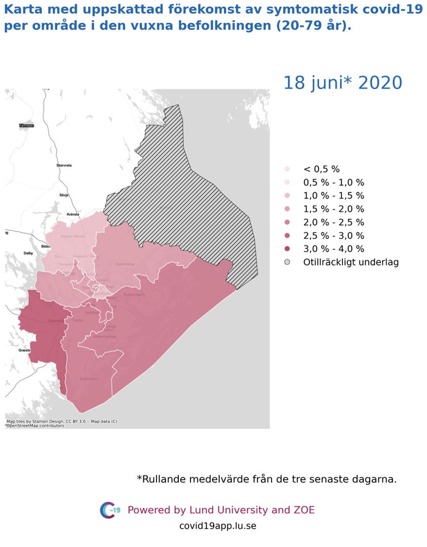 Karta med uppskattad förekomst av symtomatisk covid-19 i den vuxna befolkningen (20-79 år) i olika områden i Stockholms län, 18 juni 2020.