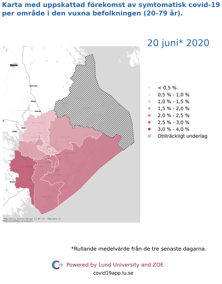 Karta med uppskattad förekomst av symtomatisk covid-19 i den vuxna befolkningen (20-79 år) i olika områden i Stockholms län, 20 juni 2020.