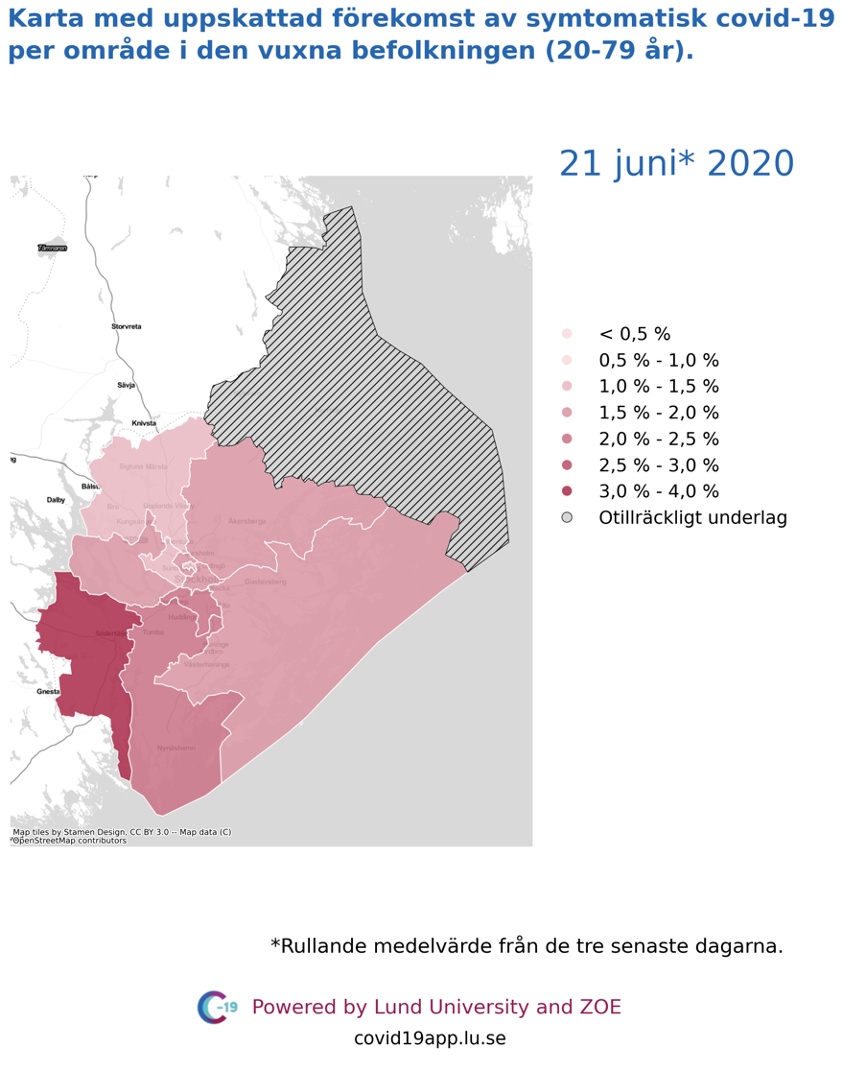Karta med uppskattad förekomst av symtomatisk covid-19 i den vuxna befolkningen (20-79 år) i olika områden i Stockholms län, 21 juni 2020.