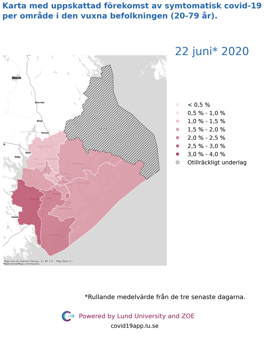 Karta med uppskattad förekomst av symtomatisk covid-19 i den vuxna befolkningen (20-79 år) i olika områden i Stockholms län, 22 juni 2020.