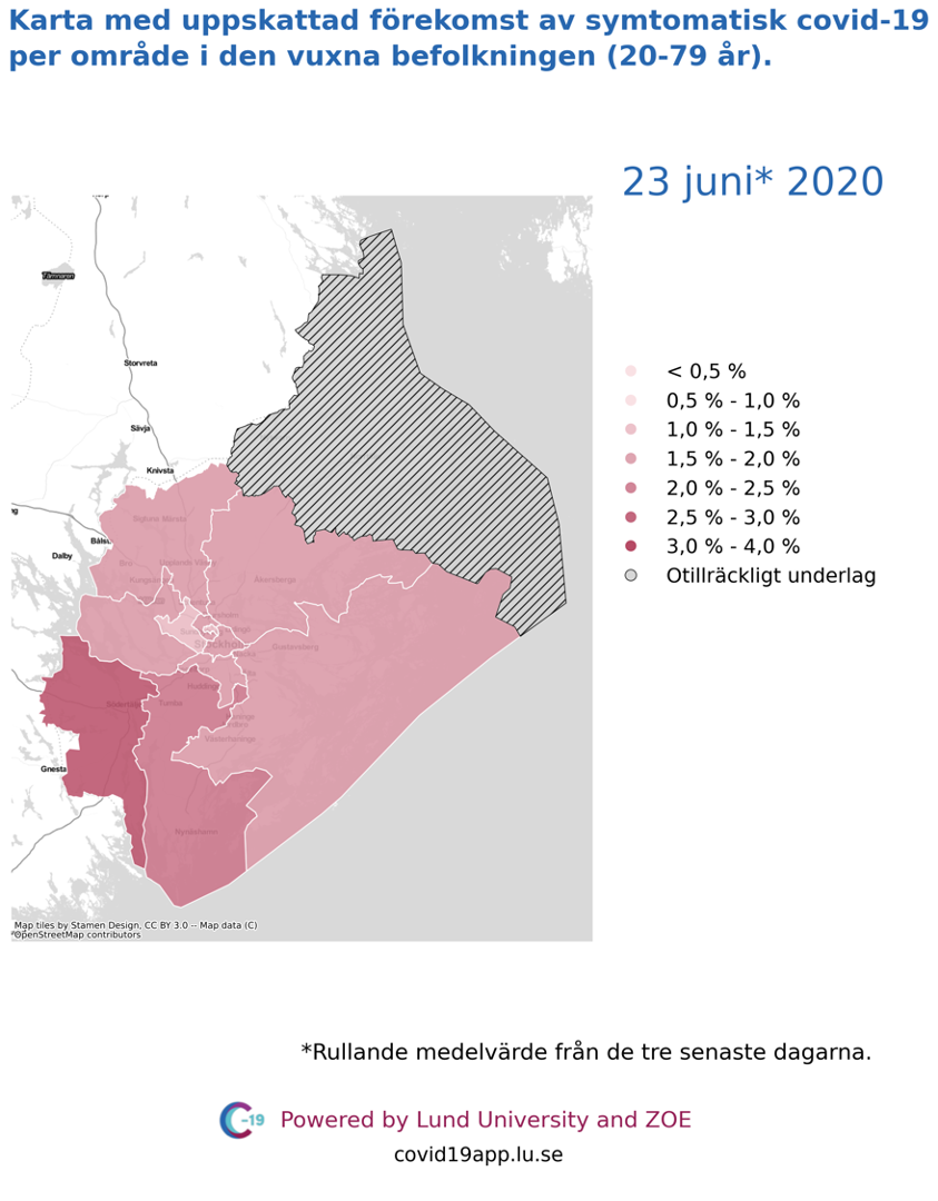 Karta med uppskattad förekomst av symtomatisk covid-19 i den vuxna befolkningen (20-79 år) i olika områden i Stockholms län, 23 juni 2020.