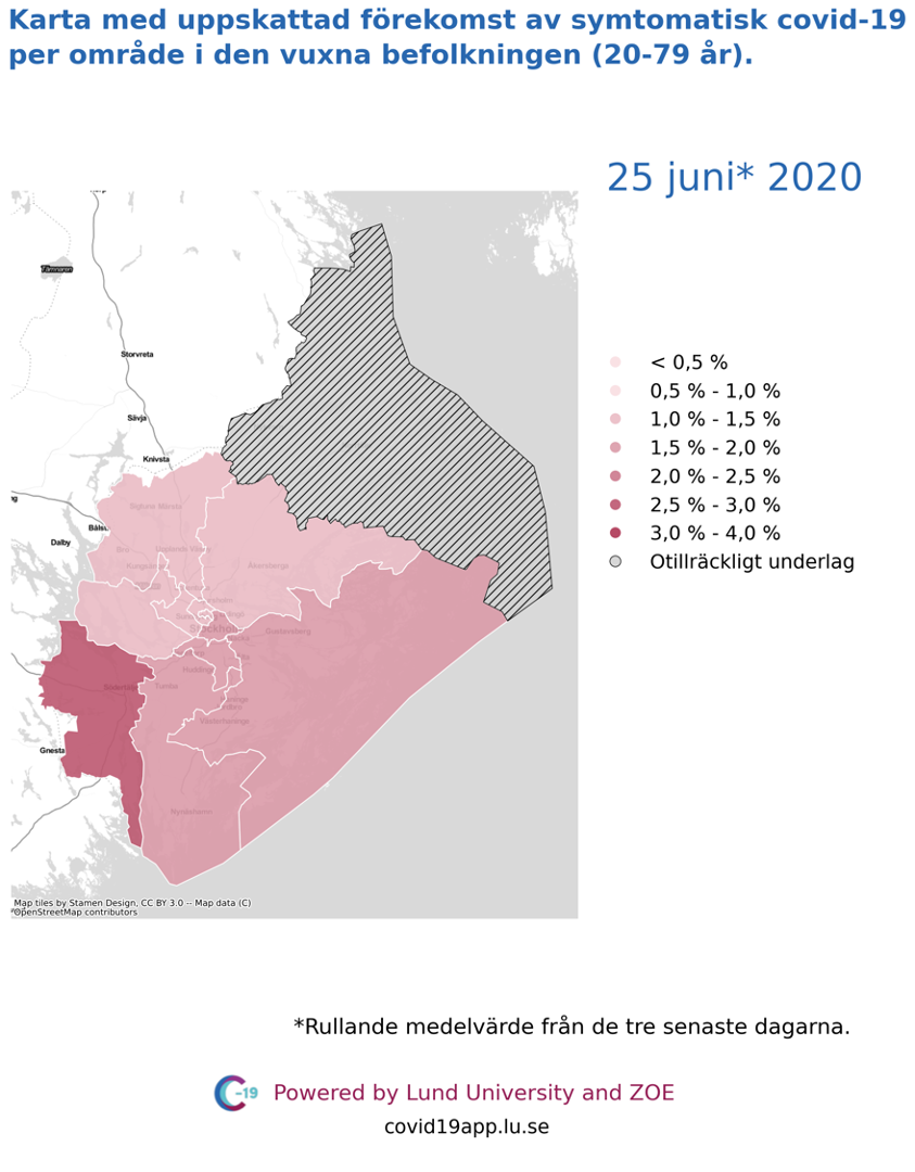Karta med uppskattad förekomst av symtomatisk covid-19 i den vuxna befolkningen (20-79 år) i olika områden i Stockholms län, 25 juni 2020.