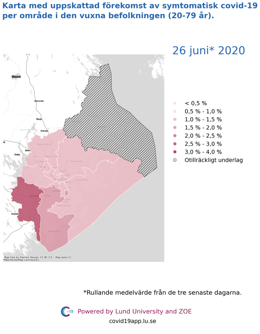 Karta med uppskattad förekomst av symtomatisk covid-19 i den vuxna befolkningen (20-79 år) i olika områden i Stockholms län, 26 juni 2020.