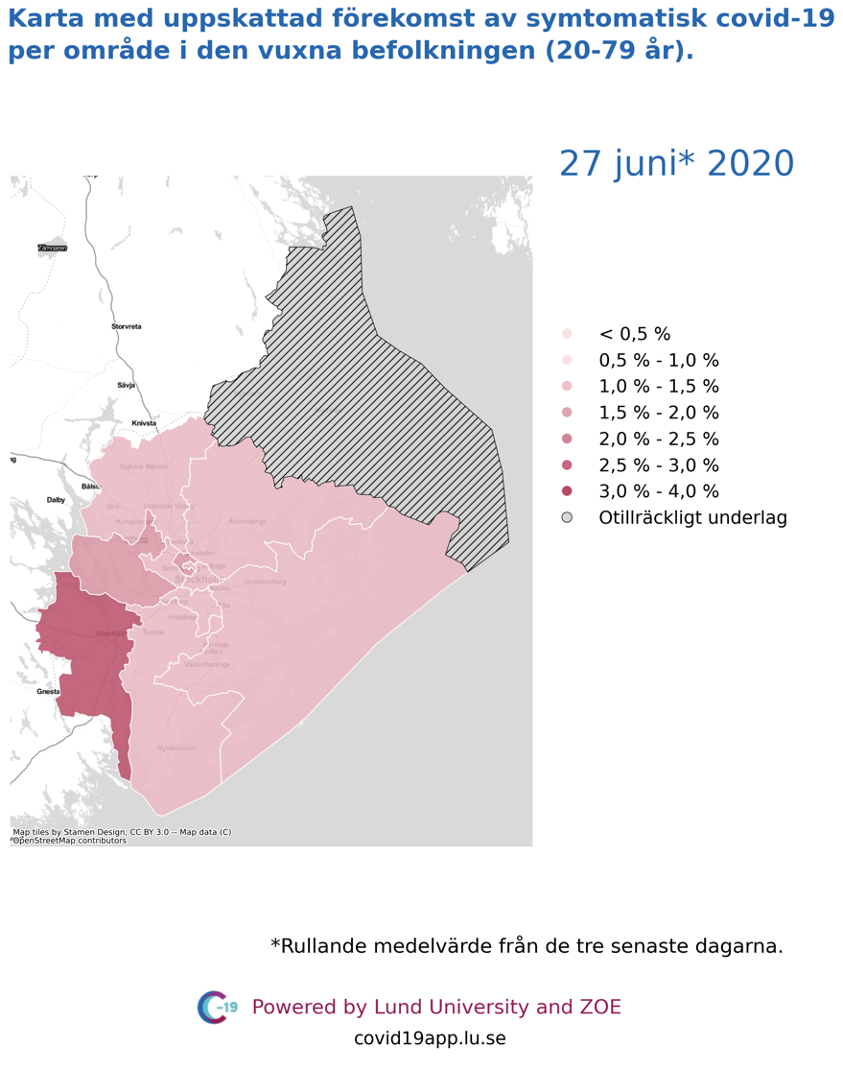 Karta med uppskattad förekomst av symtomatisk covid-19 i den vuxna befolkningen (20-79 år) i olika områden i Stockholms län, 27 juni 2020.