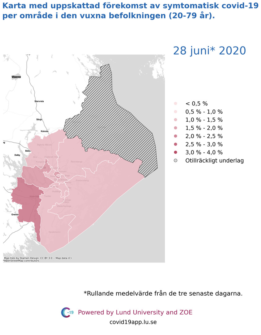 Karta med uppskattad förekomst av symtomatisk covid-19 i den vuxna befolkningen (20-79 år) i olika områden i Stockholms län, 28 juni 2020.