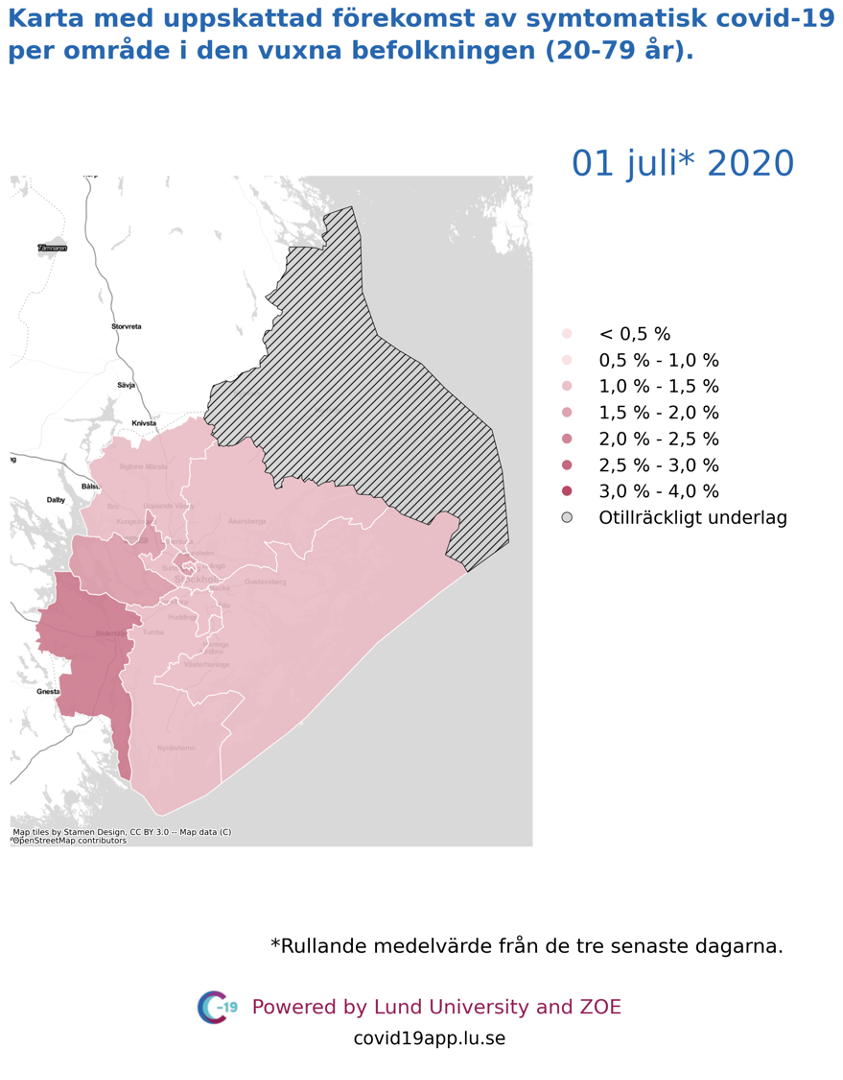 Karta med uppskattad förekomst av symtomatisk covid-19 i den vuxna befolkningen (20-79 år) i olika områden i Stockholms län, 1 juli 2020.