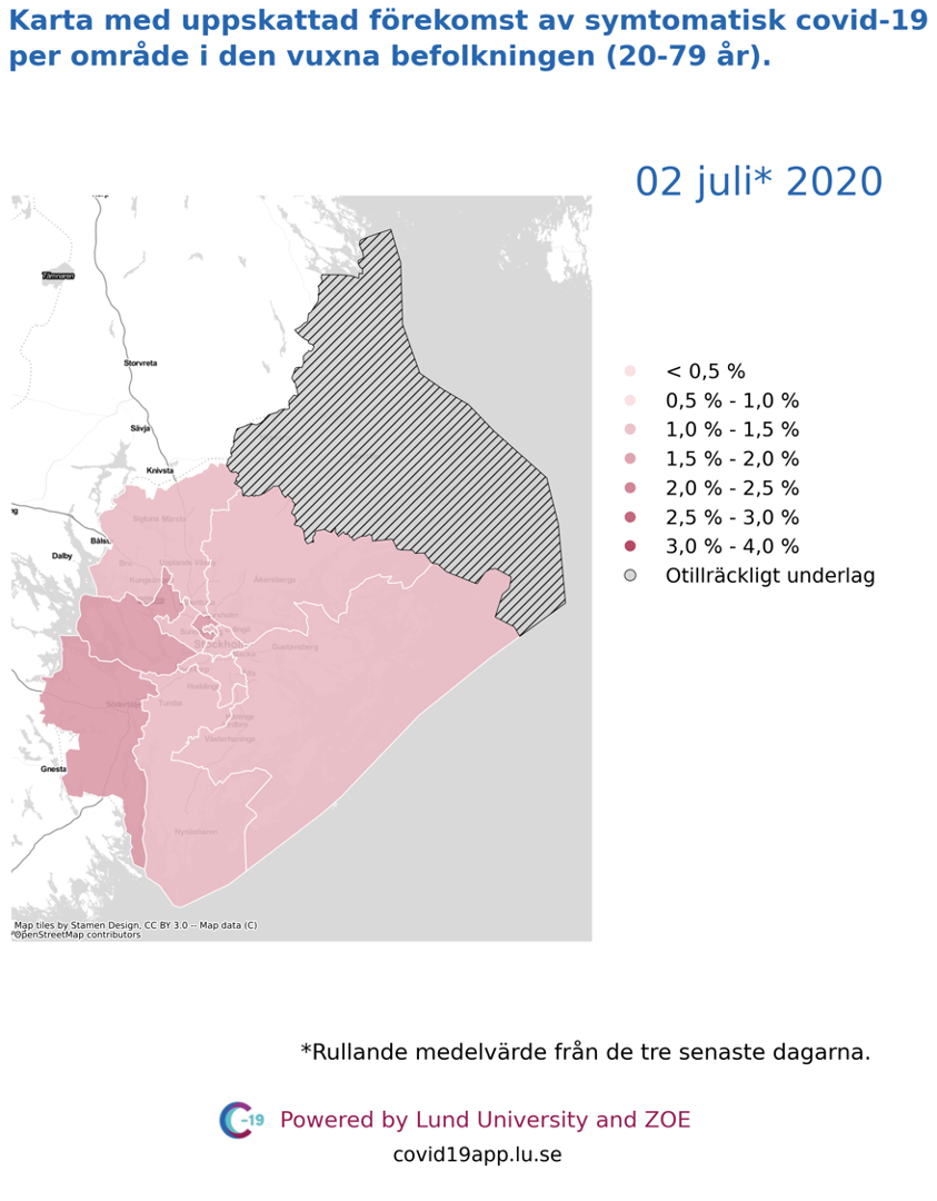 Karta med uppskattad förekomst av symtomatisk covid-19 i den vuxna befolkningen (20-79 år) i olika områden i Stockholms län, 2 juli 2020.