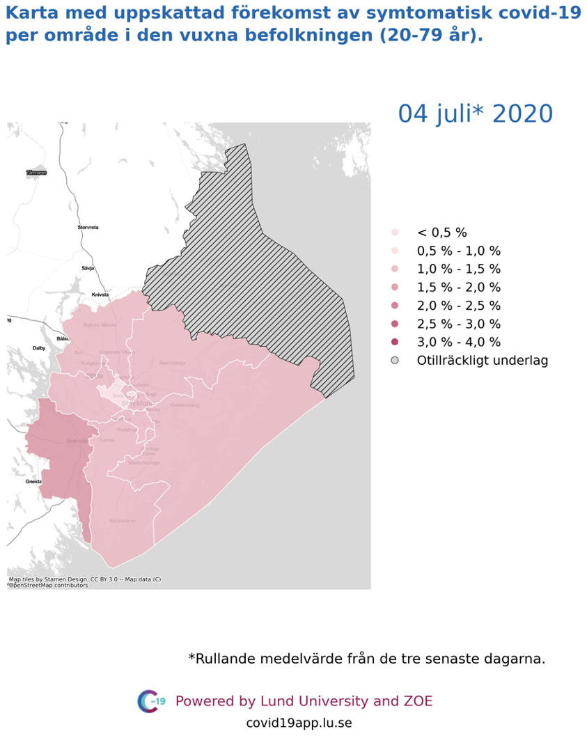 Karta med uppskattad förekomst av symtomatisk covid-19 i den vuxna befolkningen (20-79 år) i olika områden i Stockholms län, 4 juli 2020.