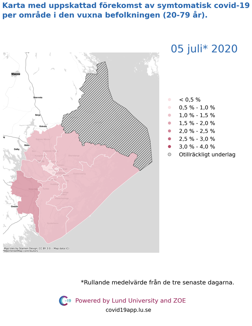Karta med uppskattad förekomst av symtomatisk covid-19 i den vuxna befolkningen (20-79 år) i olika områden i Stockholms län, 5 juli 2020.