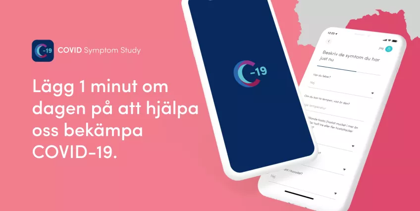 Bild på telefon med testen Lägg 1 minut om dagen på att hjälpa oss bekämpa covid-19