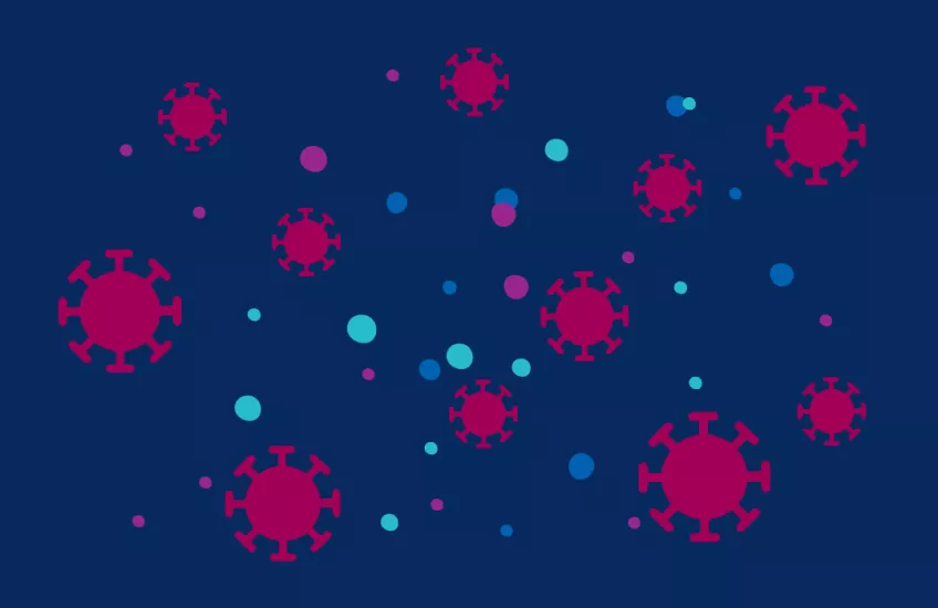 Röda viruspartiklar mot en blå bakgrund. Illustration.