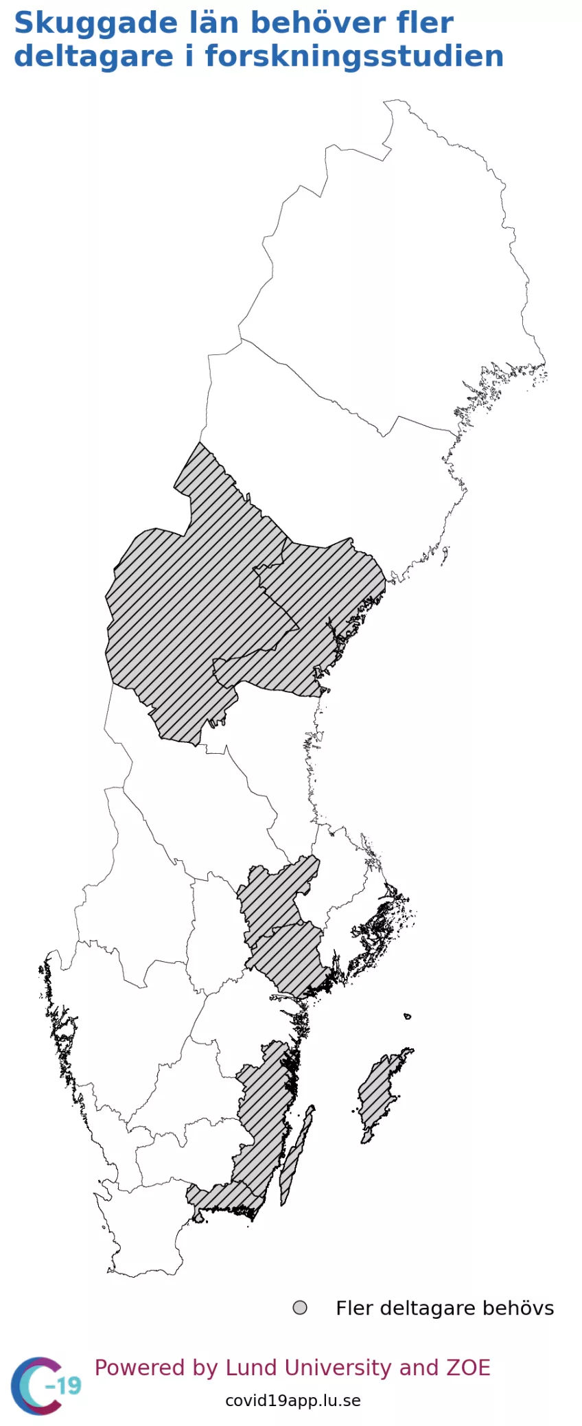 Karta över Sverige med sju markerade region där deltagarantalet är lågt.