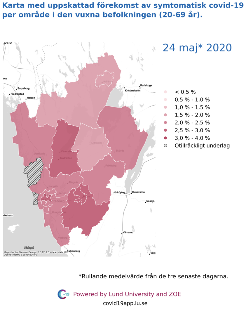 Karta med uppskattad förekomst av symtomatisk covid-19 i den vuxna befolkningen (20-69 år) i olika områden i Västra Götaland, 24 maj 2020.