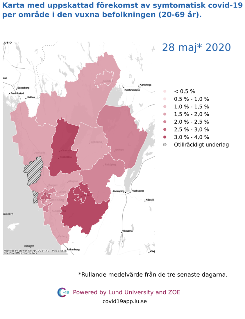 Karta med uppskattad förekomst av symtomatisk covid-19 per län i den vuxna befolkningen (20-69 år) i olika områden i Västra Götaland, 28 maj 2020.