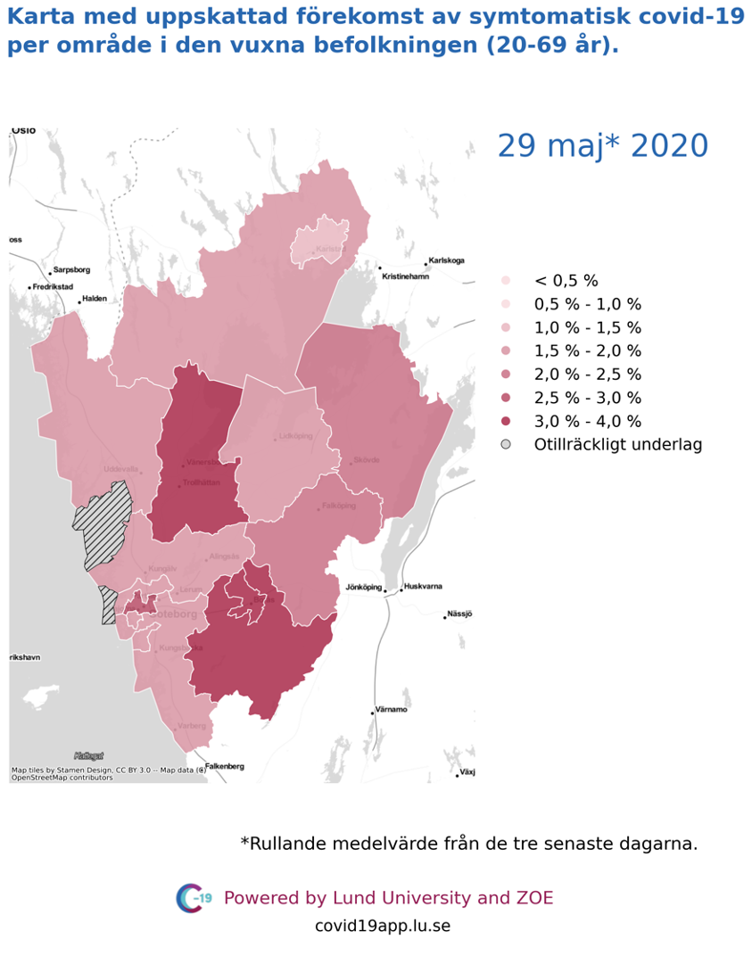 Karta med uppskattad förekomst av symtomatisk covid-19 per län i den vuxna befolkningen (20-69 år) i olika områden i Västra Götaland, 29 maj 2020.