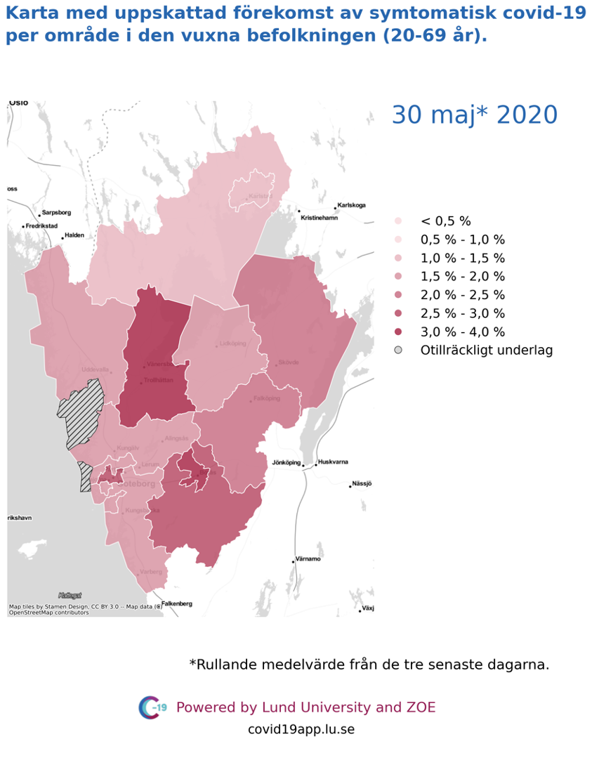 Karta med uppskattad förekomst av symtomatisk covid-19 per län i den vuxna befolkningen (20-69 år) i olika områden i Västra Götaland, 30 maj 2020.