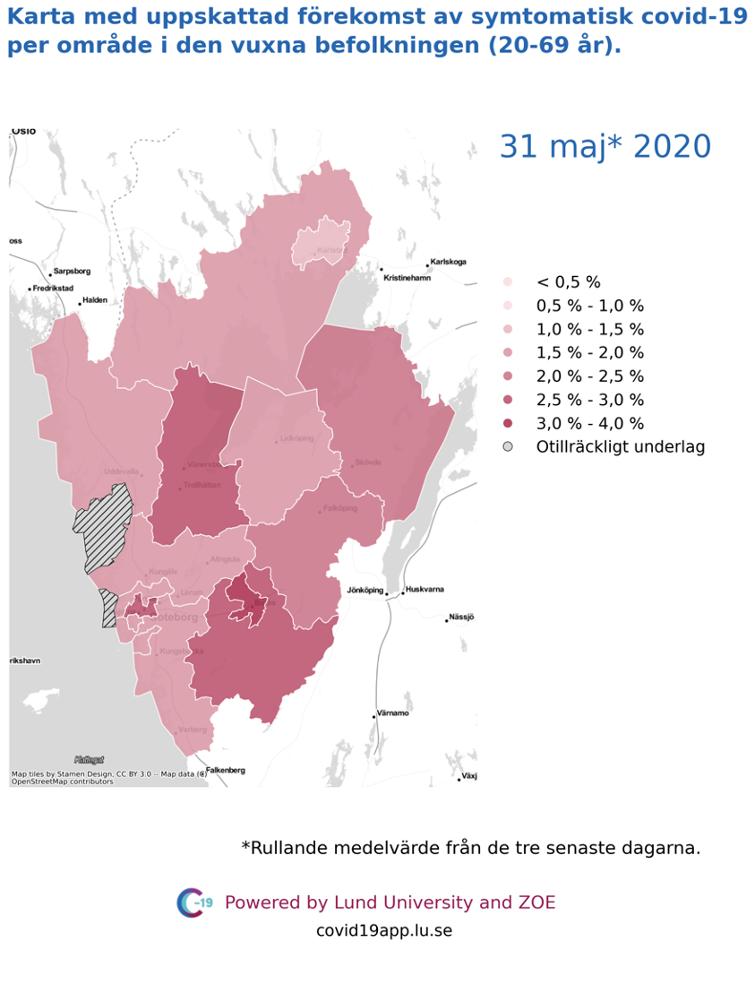 Karta med uppskattad förekomst av symtomatisk covid-19 per län i den vuxna befolkningen (20-69 år) i olika områden i Västra Götaland, 31 maj 2020.