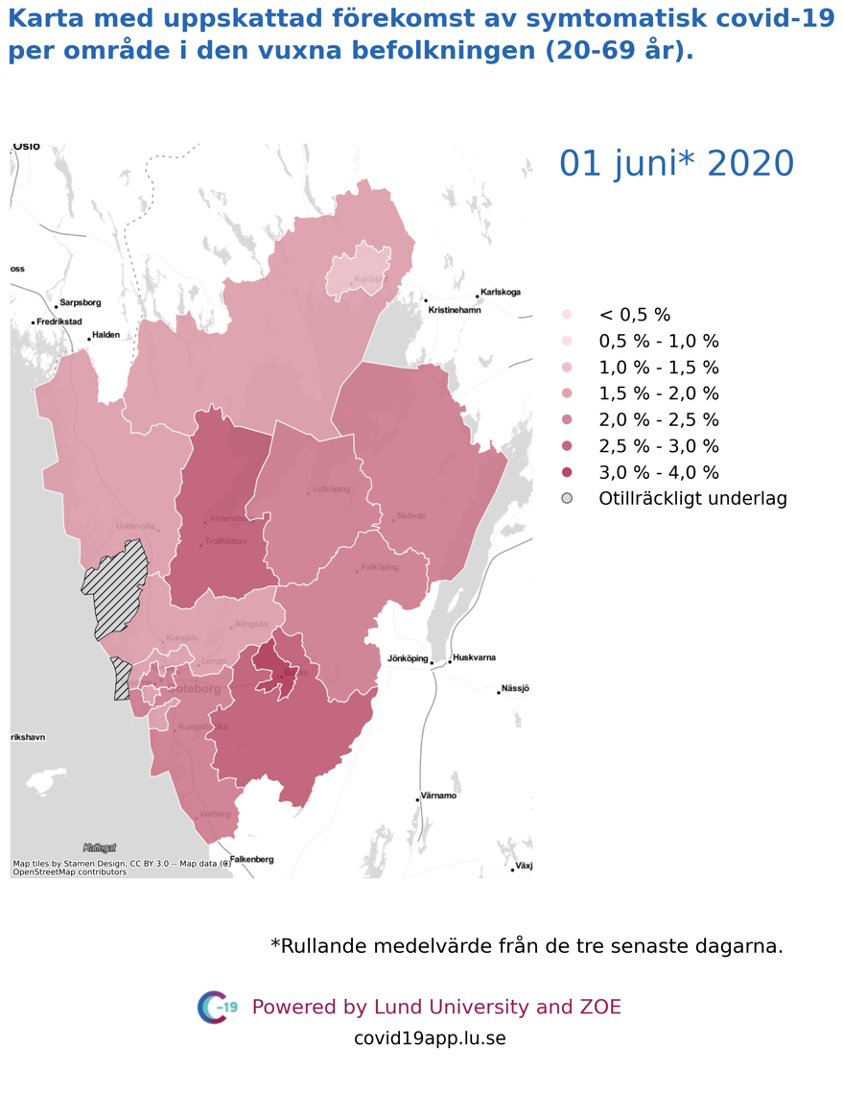 Karta med uppskattad förekomst av symtomatisk covid-19 per län i den vuxna befolkningen (20-69 år) i olika områden i Västra Götaland, 1 juni 2020.