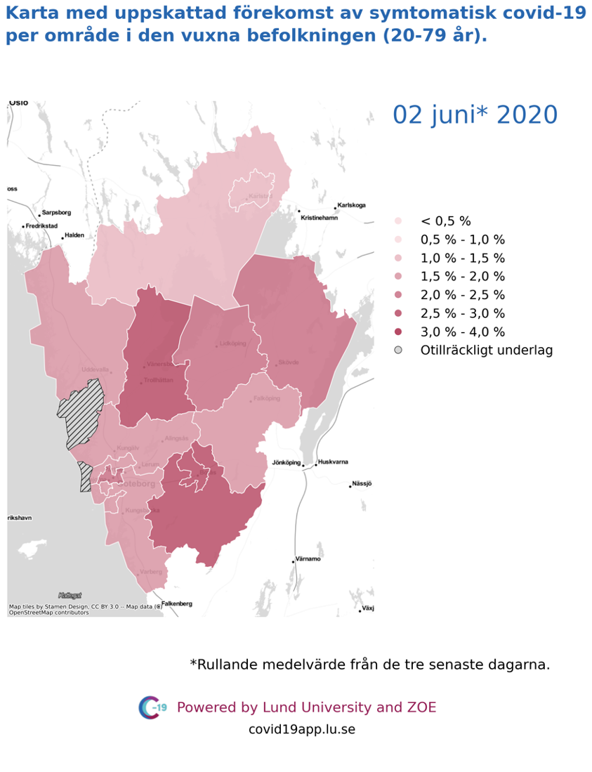Karta med uppskattad förekomst av symtomatisk covid-19 per län i den vuxna befolkningen (20-79 år) i olika områden i Västra Götaland, 2 juni 2020.