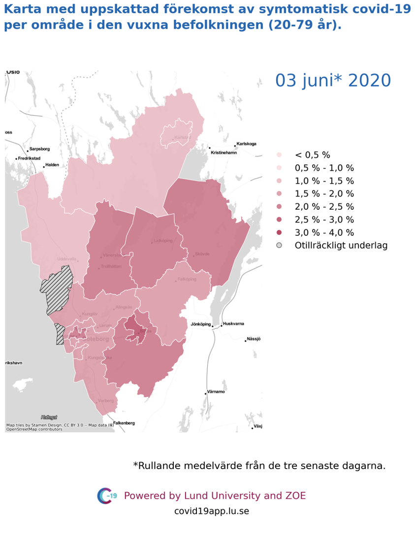 Karta med uppskattad förekomst av symtomatisk covid-19 per län i den vuxna befolkningen (20-79 år) i olika områden i Västra Götaland, 3 juni 2020.