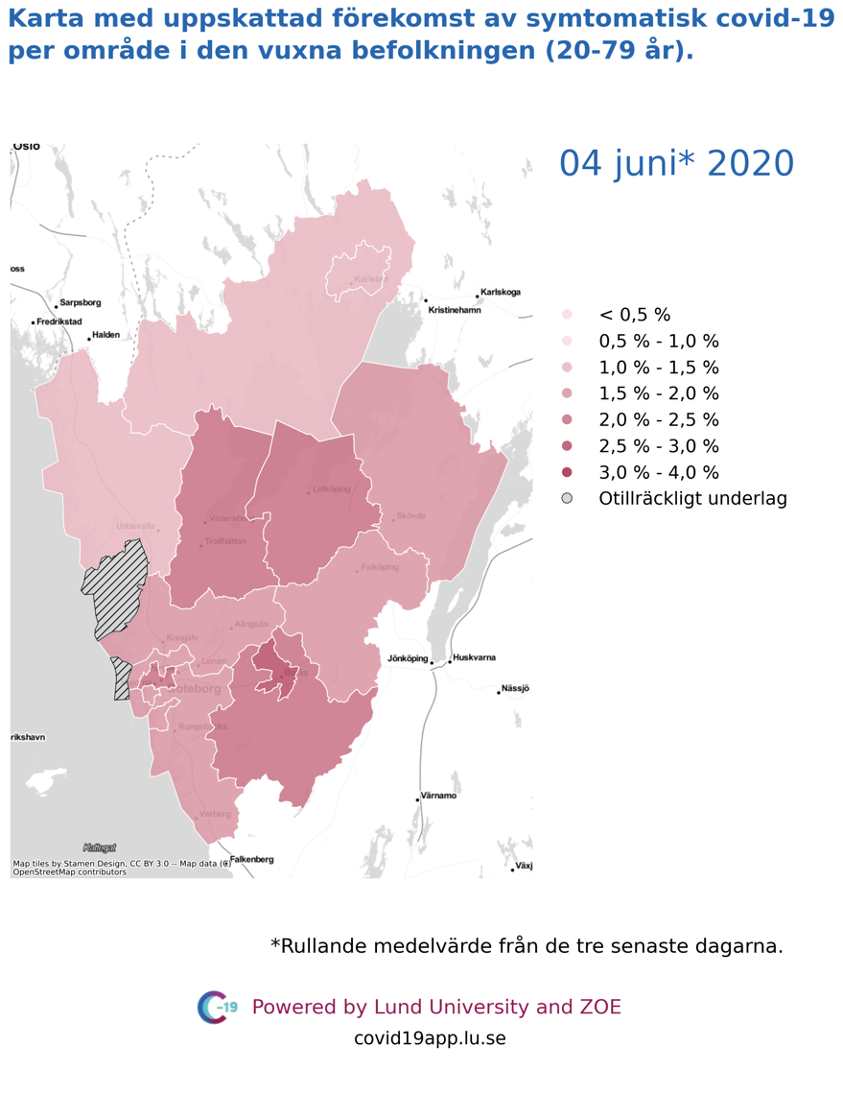 Karta med uppskattad förekomst av symtomatisk covid-19 per län i den vuxna befolkningen (20-79 år) i olika områden i Västra Götaland, 4 juni 2020.