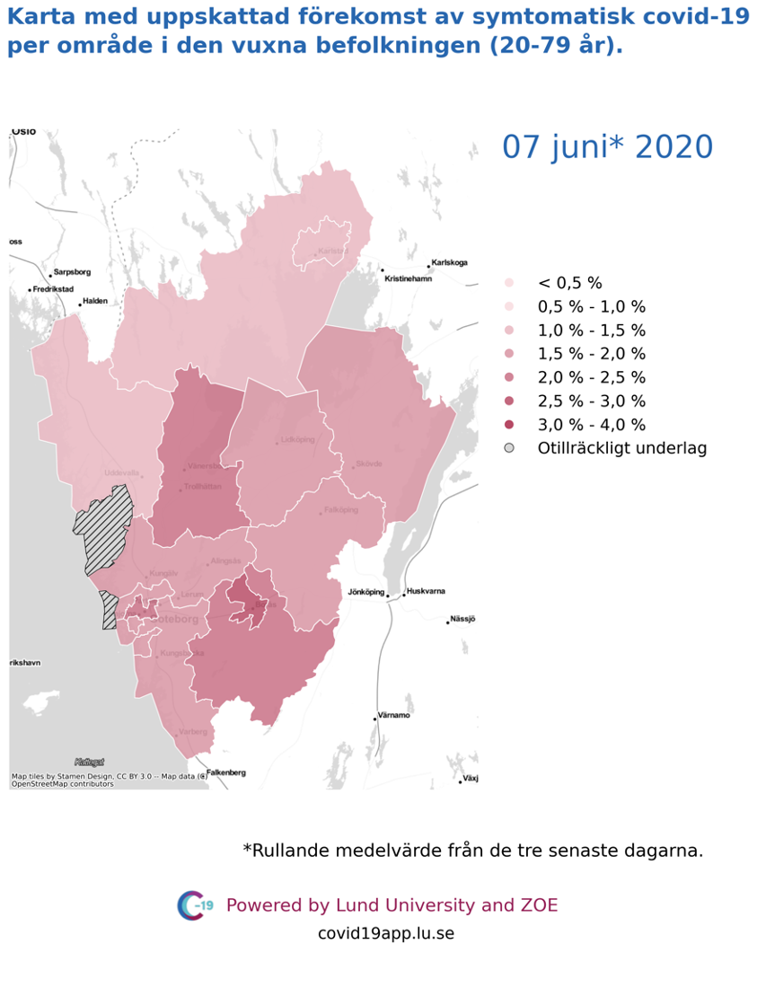 Karta med uppskattad förekomst av symtomatisk covid-19 per län i den vuxna befolkningen (20-79 år) i olika områden i Västra Götaland, 7 juni 2020.