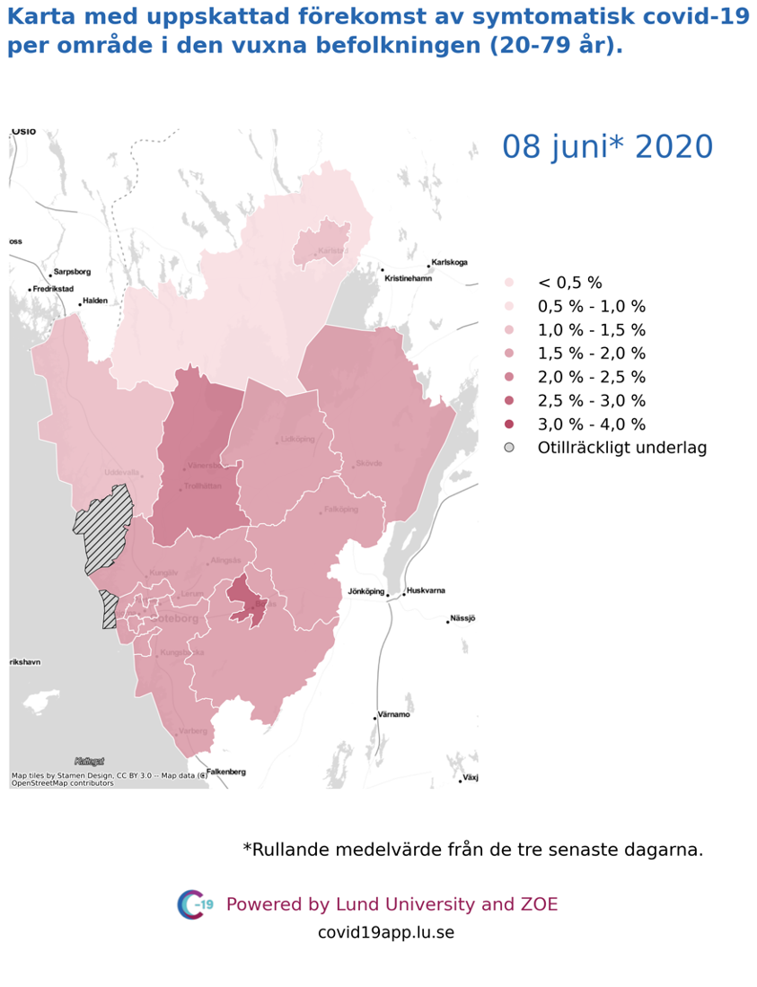 Karta med uppskattad förekomst av symtomatisk covid-19 i den vuxna befolkningen (20-79 år) i olika områden i Västra Götaland, 8 juni 2020.