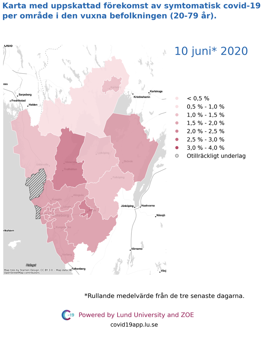 Karta med uppskattad förekomst av symtomatisk covid-19 i den vuxna befolkningen (20-79 år) i olika områden i Västra Götaland, 10 juni 2020.