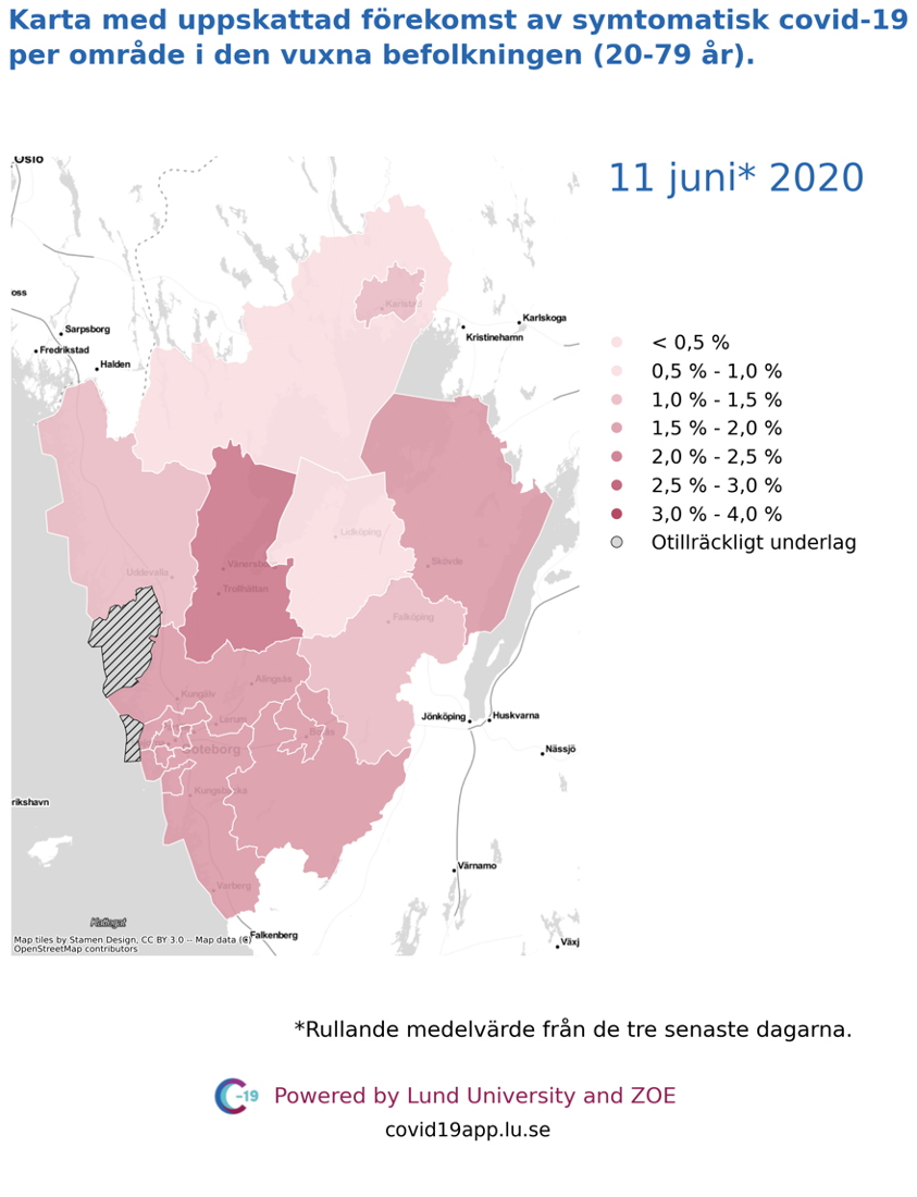Karta med uppskattad förekomst av symtomatisk covid-19 i den vuxna befolkningen (20-79 år) i olika områden i Västra Götaland, 11 juni 2020.