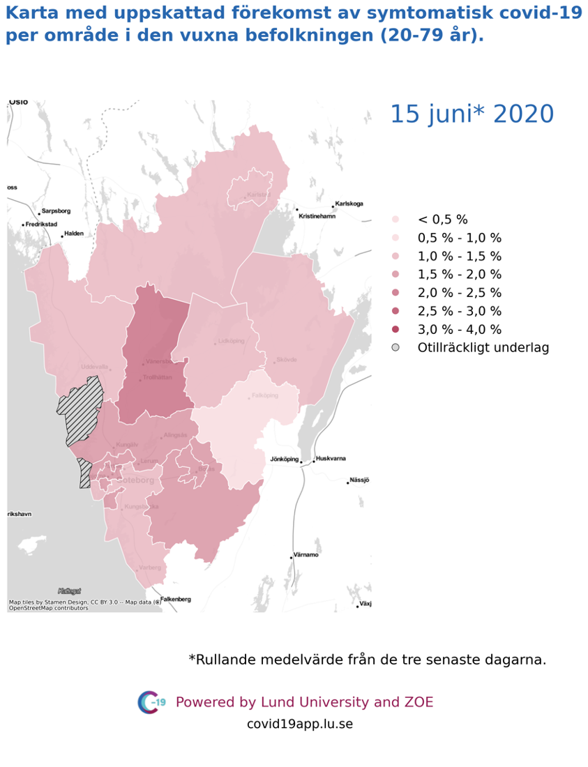 Karta med uppskattad förekomst av symtomatisk covid-19 i den vuxna befolkningen (20-79 år) i olika områden i Västra Götaland, 15 juni 2020.