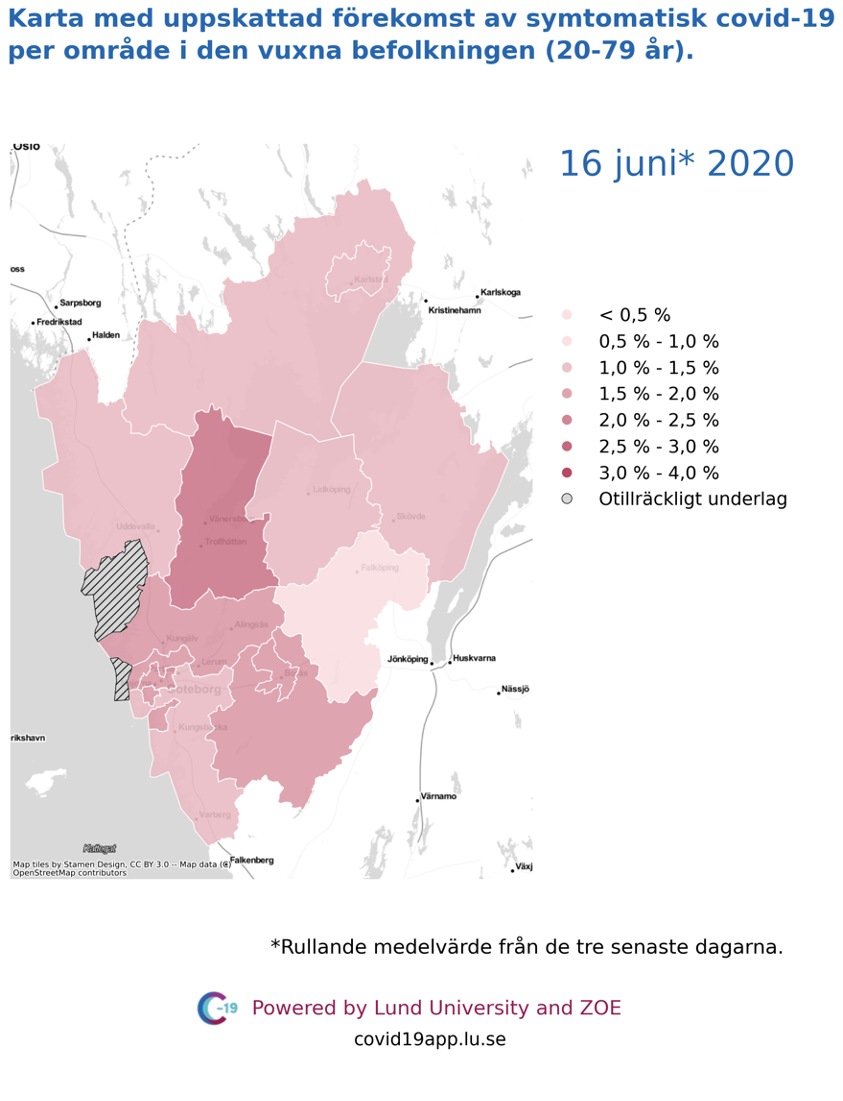 Karta med uppskattad förekomst av symtomatisk covid-19 i den vuxna befolkningen (20-79 år) i olika områden i Västra Götaland, 16 juni 2020.