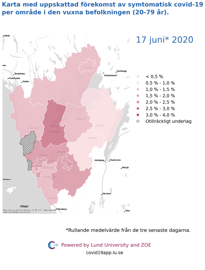 Karta med uppskattad förekomst av symtomatisk covid-19 i den vuxna befolkningen (20-79 år) i olika områden i Västra Götaland, 17 juni 2020.
