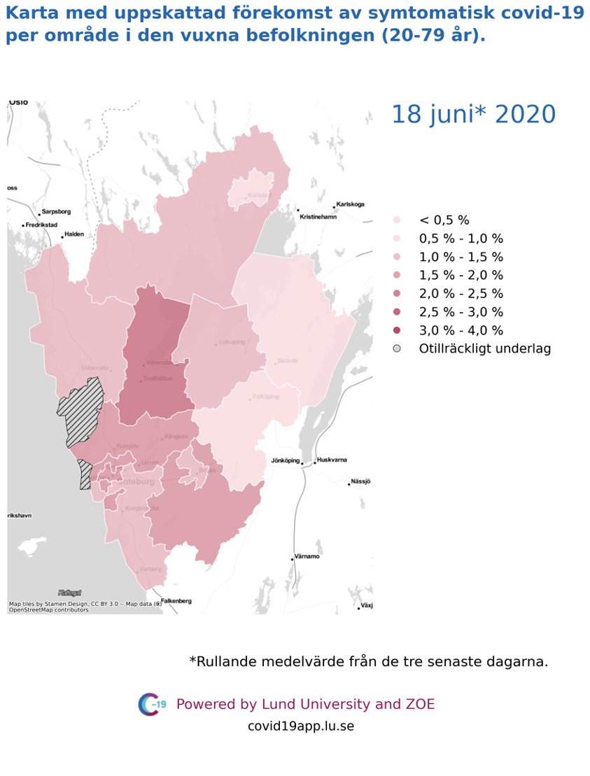 Karta med uppskattad förekomst av symtomatisk covid-19 i den vuxna befolkningen (20-79 år) i olika områden i Västra Götaland, 18 juni 2020.