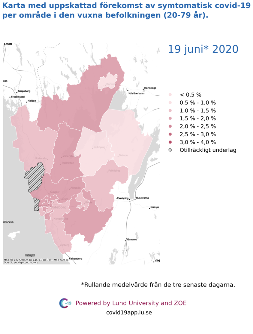 Karta med uppskattad förekomst av symtomatisk covid-19 i den vuxna befolkningen (20-79 år) i olika områden i Västra Götaland, 19 juni 2020.