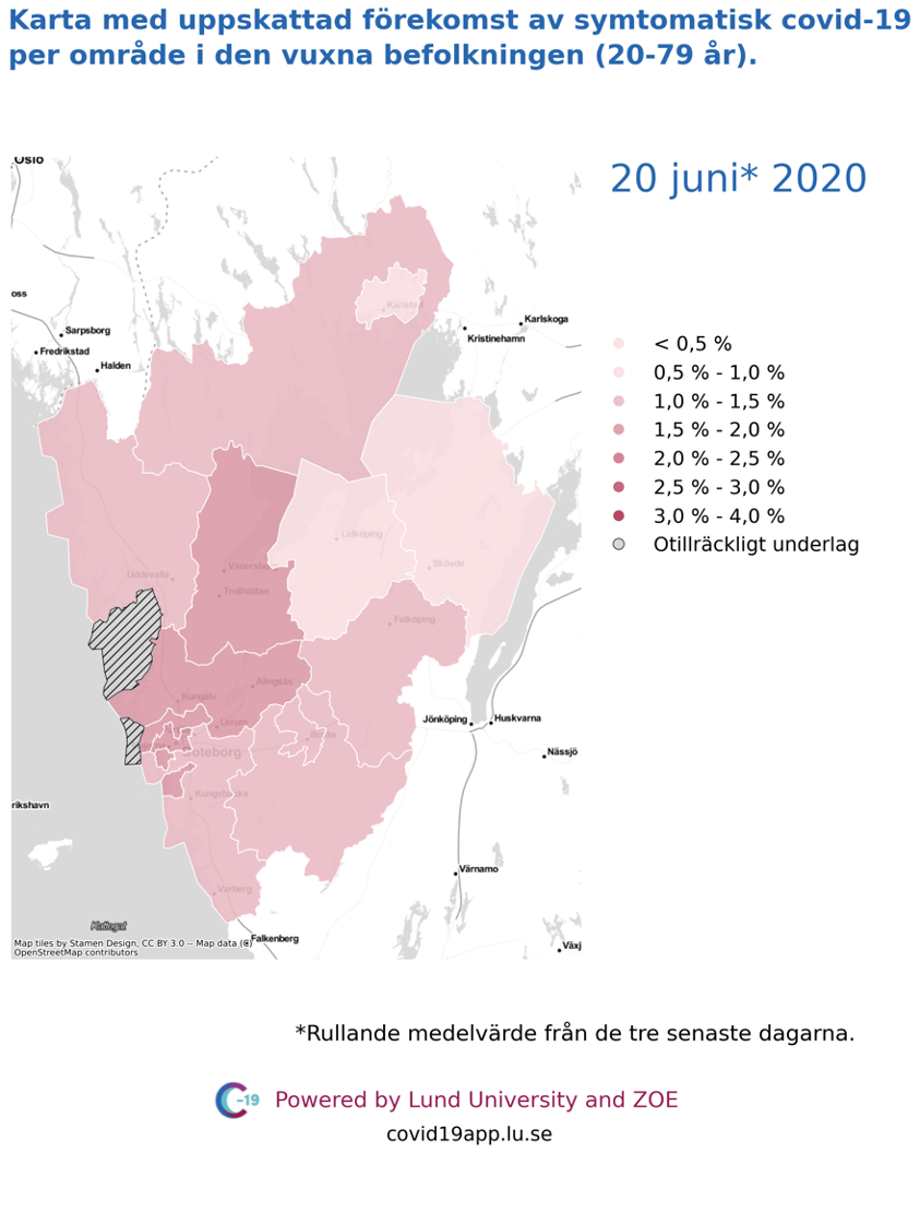 Karta med uppskattad förekomst av symtomatisk covid-19 i den vuxna befolkningen (20-79 år) i olika områden i Västra Götaland, 20 juni 2020.