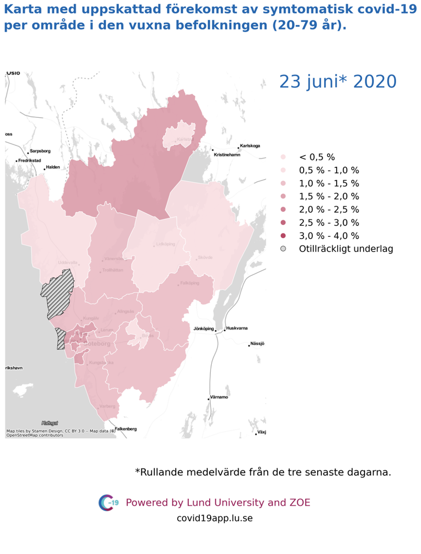 Karta med uppskattad förekomst av symtomatisk covid-19 i den vuxna befolkningen (20-79 år) i olika områden i Västra Götaland, 23 juni 2020.