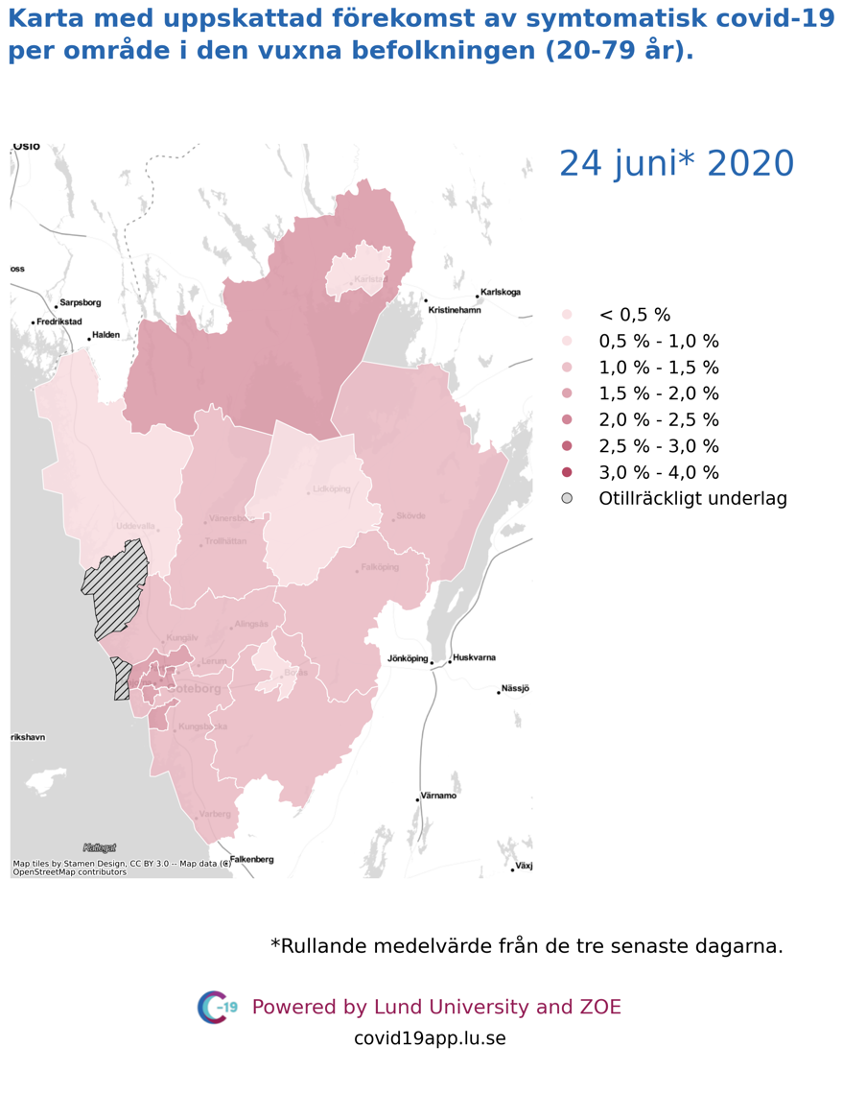 Karta med uppskattad förekomst av symtomatisk covid-19 i den vuxna befolkningen (20-79 år) i olika områden i Västra Götaland, 24 juni 2020.