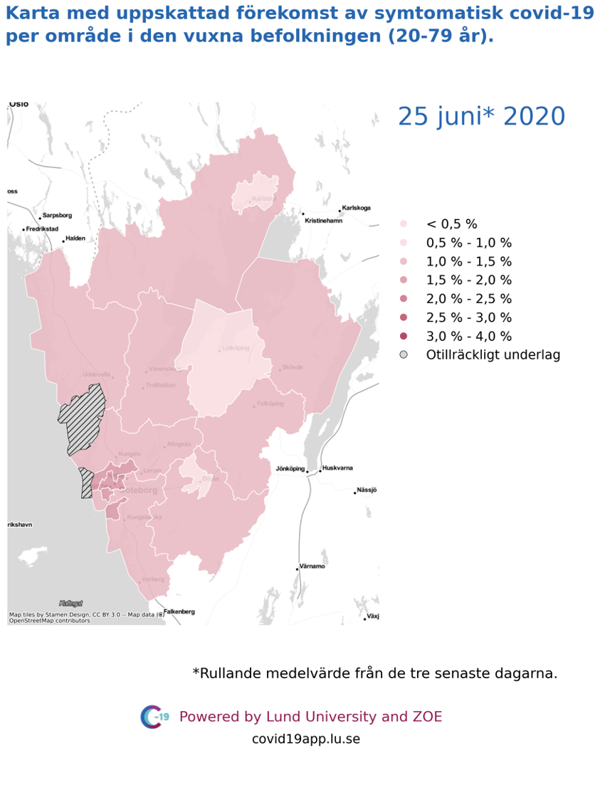 Karta med uppskattad förekomst av symtomatisk covid-19 i den vuxna befolkningen (20-79 år) i olika områden i Västra Götaland, 25 juni 2020.
