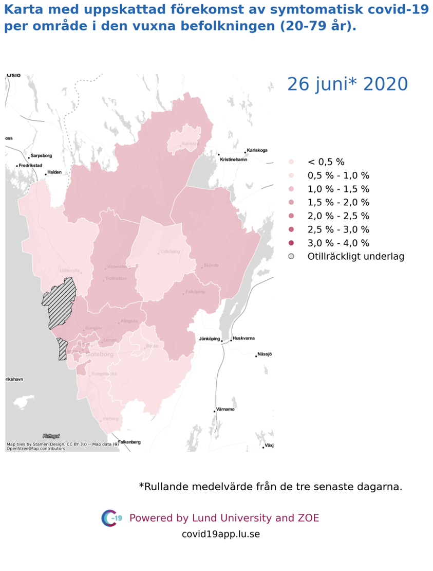 Karta med uppskattad förekomst av symtomatisk covid-19 i den vuxna befolkningen (20-79 år) i olika områden i Västra Götaland, 26 juni 2020.
