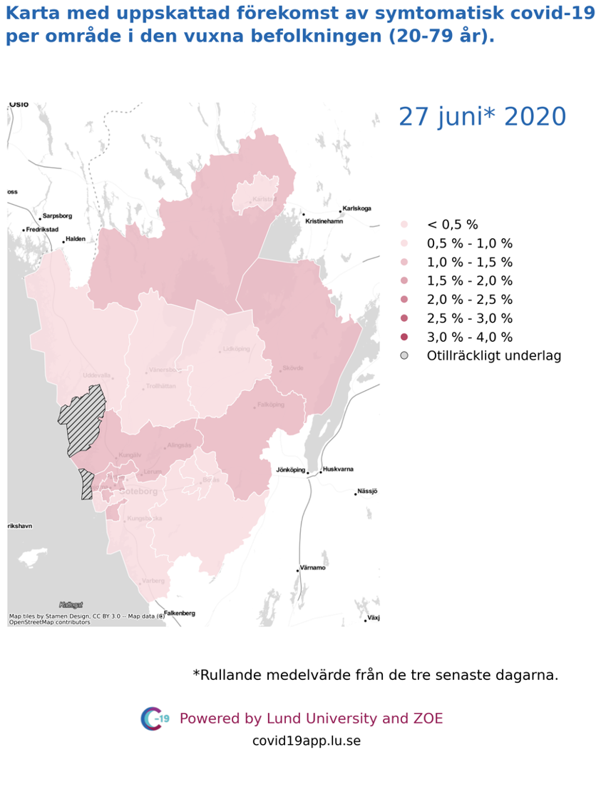 Karta med uppskattad förekomst av symtomatisk covid-19 i den vuxna befolkningen (20-79 år) i olika områden i Västra Götaland, 27 juni 2020.