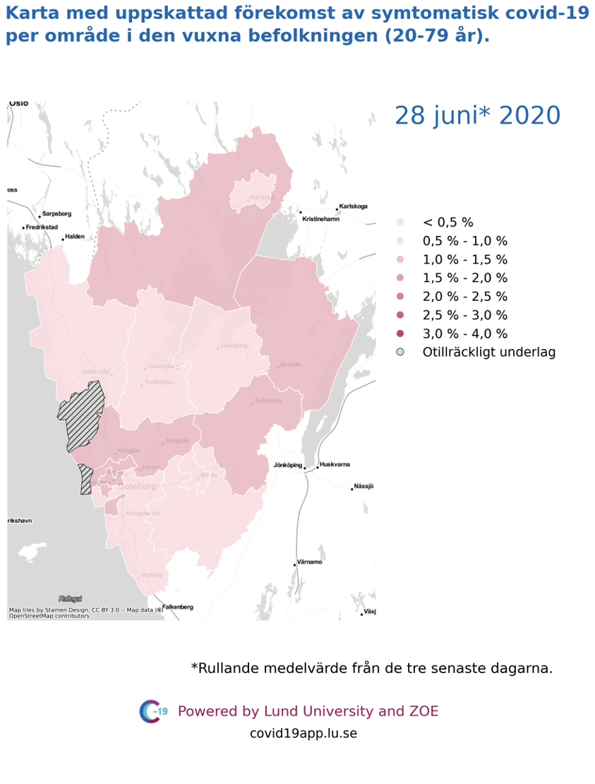Karta med uppskattad förekomst av symtomatisk covid-19 i den vuxna befolkningen (20-79 år) i olika områden i Västra Götaland, 28 juni 2020.