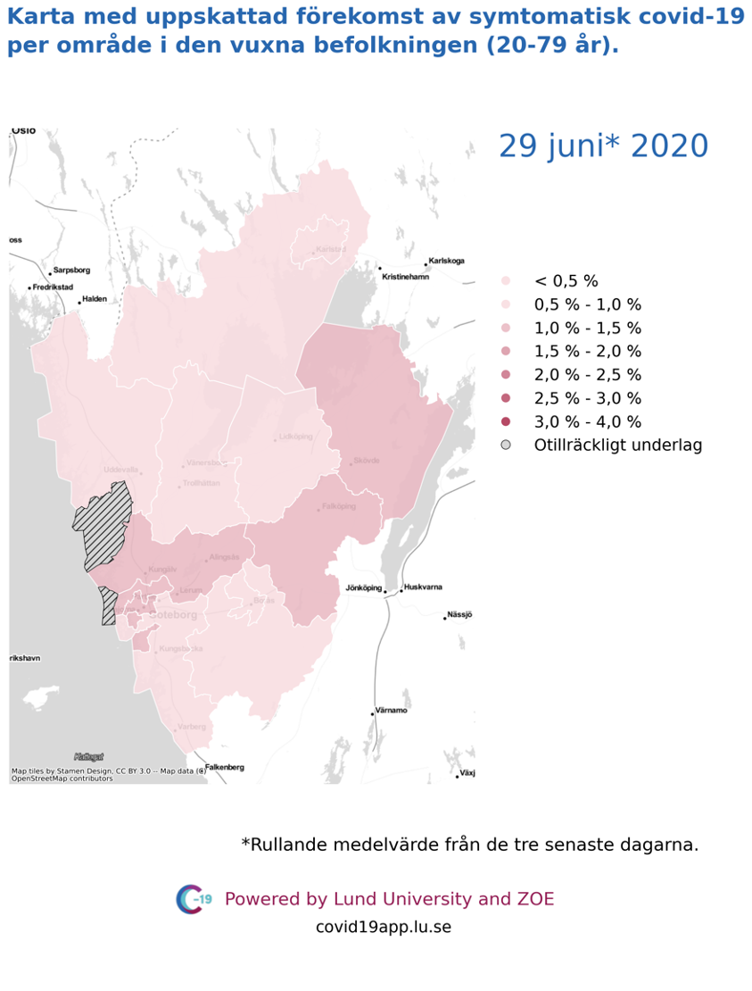 Karta med uppskattad förekomst av symtomatisk covid-19 i den vuxna befolkningen (20-79 år) i olika områden i Västra Götaland, 29 juni 2020.