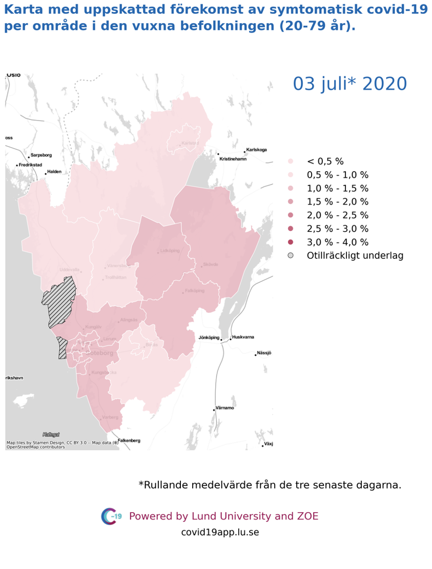 Karta med uppskattad förekomst av symtomatisk covid-19 i den vuxna befolkningen (20-79 år) i olika områden i Västra Götaland, 2 juli 2020.