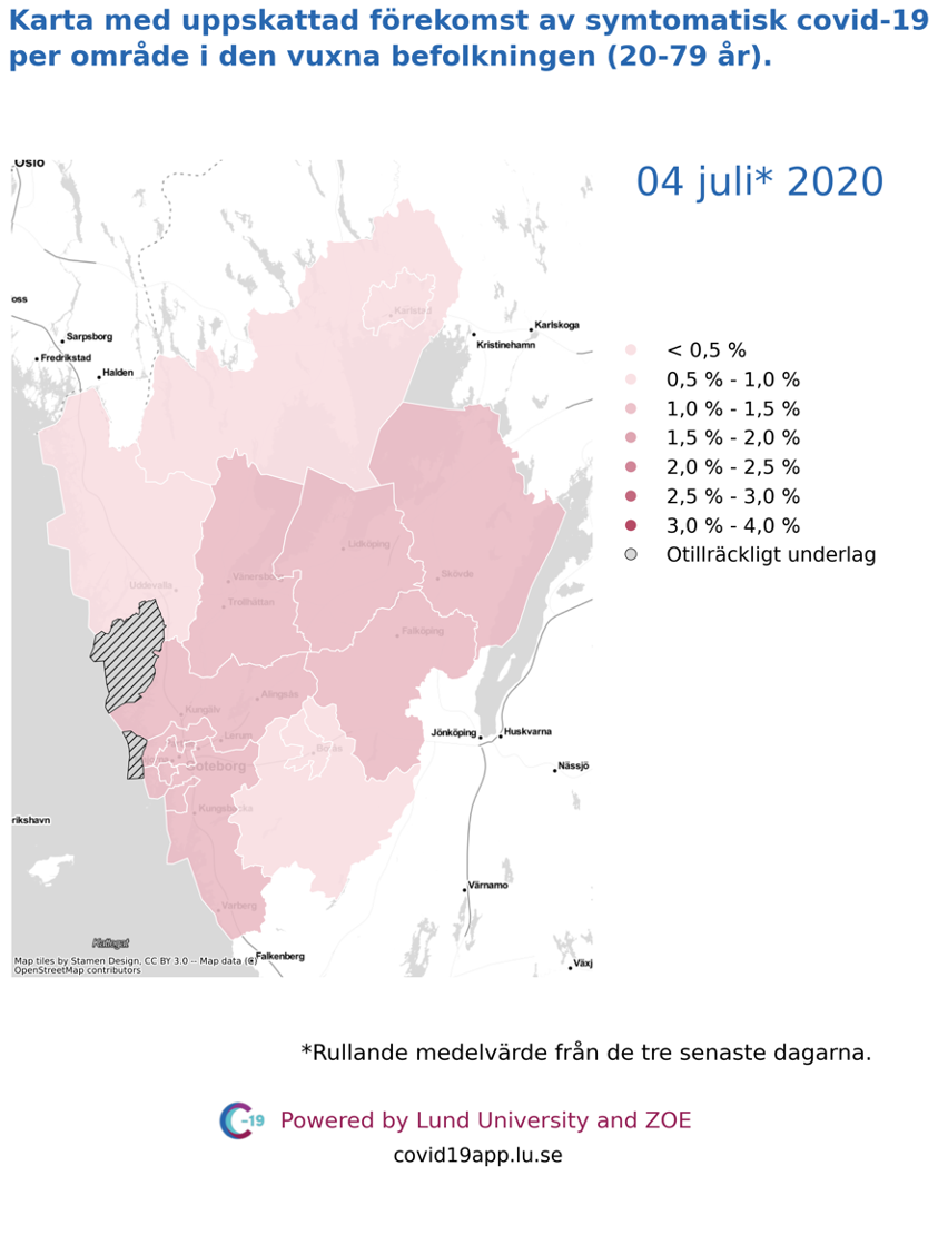Karta med uppskattad förekomst av symtomatisk covid-19 i den vuxna befolkningen (20-79 år) i olika områden i Västra Götaland, 4 juli 2020.
