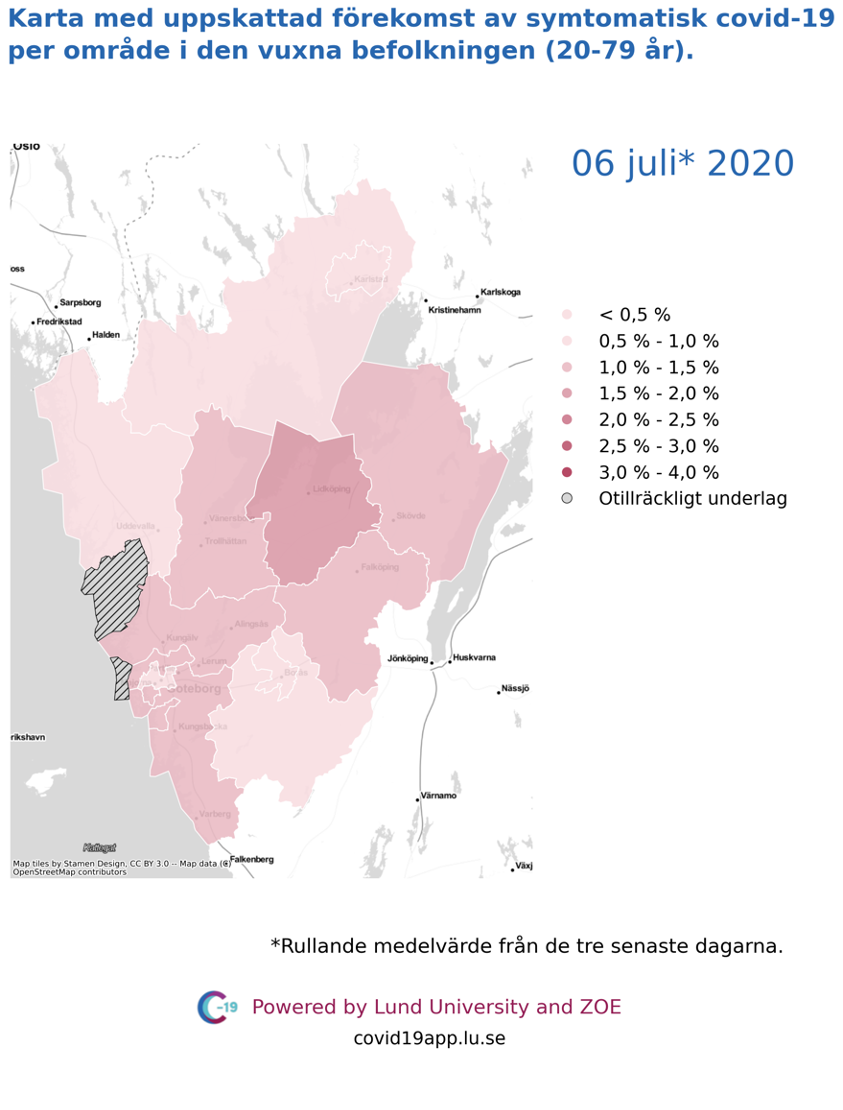Karta med uppskattad förekomst av symtomatisk covid-19 i den vuxna befolkningen (20-79 år) i olika områden i Västra Götaland, 6 juli 2020.