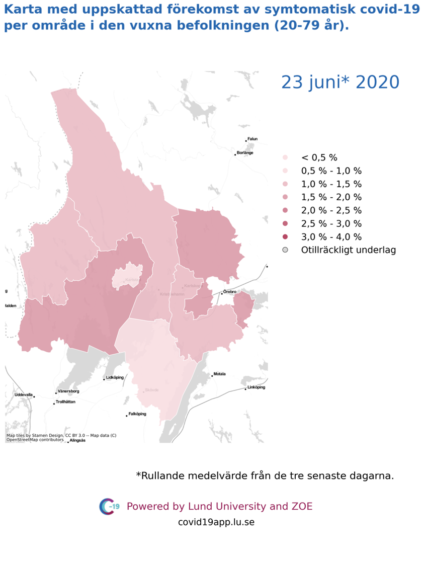 Karta med uppskattad förekomst av symtomatisk covid-19 i den vuxna befolkningen (20-79 år) i olika områden i Värmland, 23 juni 2020.