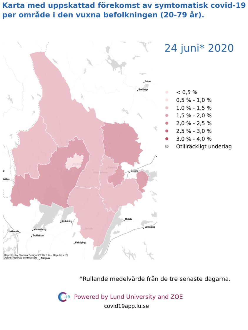 Karta med uppskattad förekomst av symtomatisk covid-19 i den vuxna befolkningen (20-79 år) i olika områden i Värmland, 24 juni 2020.