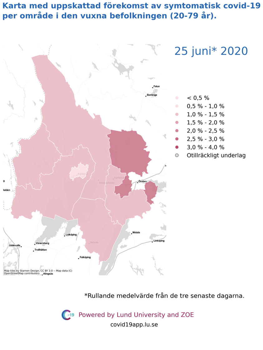 Karta med uppskattad förekomst av symtomatisk covid-19 i den vuxna befolkningen (20-79 år) i olika områden i Värmland, 25 juni 2020.