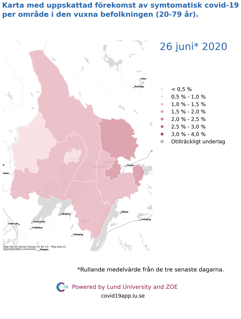 Karta med uppskattad förekomst av symtomatisk covid-19 i den vuxna befolkningen (20-79 år) i olika områden i Värmland, 26 juni 2020.