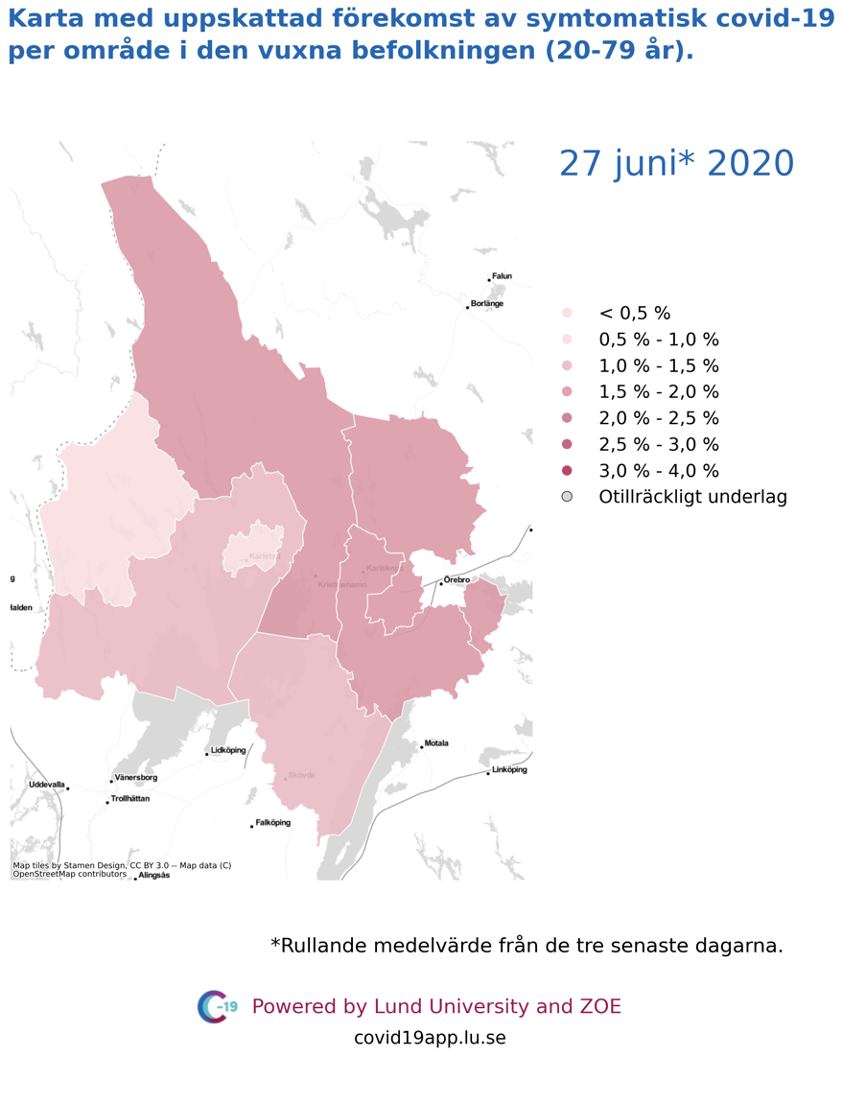 Karta med uppskattad förekomst av symtomatisk covid-19 i den vuxna befolkningen (20-79 år) i olika områden i Värmland, 27 juni 2020.